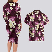 Pink Tropical Hawaii Couples Matching Long Sleeve Bodycon Dress and Hawaiian Shirt Seamless Monstera Plumeria Hawaiian Pattern - Polynesian Pride