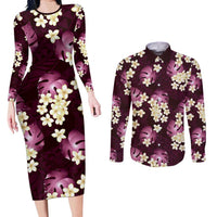 Pink Tropical Hawaii Couples Matching Long Sleeve Bodycon Dress and Long Sleeve Button Shirt Seamless Monstera Plumeria Hawaiian Pattern - Polynesian Pride
