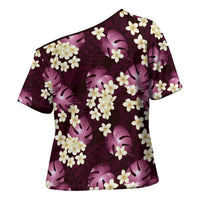 Pink Tropical Hawaii Cross Shoulder Shirt Seamless Monstera Plumeria Hawaiian Pattern - Polynesian Pride