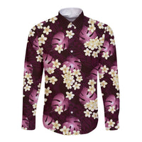 Pink Tropical Hawaii Long Sleeve Button Shirt Seamless Monstera Plumeria Hawaiian Pattern - Polynesian Pride