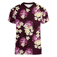 Pink Tropical Hawaii Women V-Neck T-Shirt Seamless Monstera Plumeria Hawaiian Pattern - Polynesian Pride