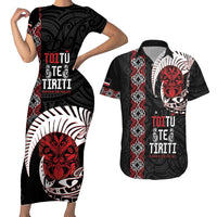 Aotearoa Toitu Te Tiriti Couples Matching Short Sleeve Bodycon Dress and Hawaiian Shirt Honour The Treaty Maori Haka LT14 Black - Polynesian Pride
