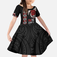 Aotearoa Toitu Te Tiriti Family Matching Off The Shoulder Long Sleeve Dress and Hawaiian Shirt Honour The Treaty Maori Haka LT14 Daughter's Dress Black - Polynesian Pride