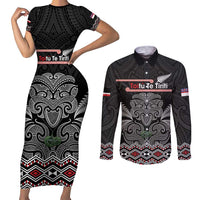 Aotearoa Toitu Te Tiriti Couples Matching Short Sleeve Bodycon Dress and Long Sleeve Button Shirt Stand Together! Stand Stronger! - NZ Tiki LT14 Black - Polynesian Pride