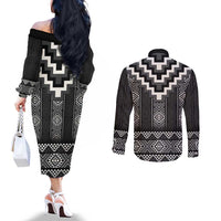 Black Taniko Aotearoa Couples Matching Off The Shoulder Long Sleeve Dress and Long Sleeve Button Shirt Niho Taniwha Mix Poutama LT14