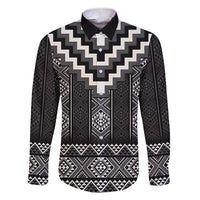 Black Taniko Aotearoa Family Matching Short Sleeve Bodycon Dress and Hawaiian Shirt Niho Taniwha Mix Poutama LT14 Dad's Shirt - Long Sleeve Black - Polynesian Pride