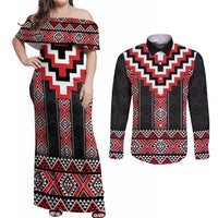 Red Taniko Aotearoa Couples Matching Off Shoulder Maxi Dress and Long Sleeve Button Shirt Niho Taniwha Mix Poutama LT14