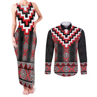 Red Taniko Aotearoa Couples Matching Tank Maxi Dress and Long Sleeve Button Shirt Niho Taniwha Mix Poutama LT14