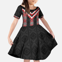 Red Taniko Aotearoa Family Matching Off The Shoulder Long Sleeve Dress and Hawaiian Shirt Niho Taniwha Mix Poutama LT14 Daughter's Dress Red - Polynesian Pride
