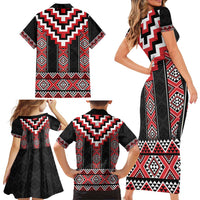 Red Taniko Aotearoa Family Matching Short Sleeve Bodycon Dress and Hawaiian Shirt Niho Taniwha Mix Poutama LT14 - Polynesian Pride