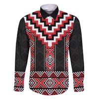 Red Taniko Aotearoa Family Matching Short Sleeve Bodycon Dress and Hawaiian Shirt Niho Taniwha Mix Poutama LT14 Dad's Shirt - Long Sleeve Red - Polynesian Pride