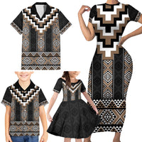 Brown Taniko Aotearoa Family Matching Short Sleeve Bodycon Dress and Hawaiian Shirt Niho Taniwha Mix Poutama LT14 - Polynesian Pride