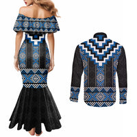 Blue Taniko Aotearoa Couples Matching Mermaid Dress and Long Sleeve Button Shirt Niho Taniwha Mix Poutama LT14