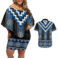 Blue Taniko Aotearoa Couples Matching Off Shoulder Short Dress and Hawaiian Shirt Niho Taniwha Mix Poutama LT14