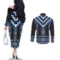 Blue Taniko Aotearoa Couples Matching Off The Shoulder Long Sleeve Dress and Long Sleeve Button Shirt Niho Taniwha Mix Poutama LT14