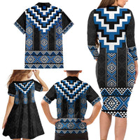 Blue Taniko Aotearoa Family Matching Long Sleeve Bodycon Dress and Hawaiian Shirt Niho Taniwha Mix Poutama LT14 - Polynesian Pride