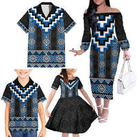 Blue Taniko Aotearoa Family Matching Off The Shoulder Long Sleeve Dress and Hawaiian Shirt Niho Taniwha Mix Poutama LT14 - Polynesian Pride