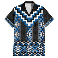 Blue Taniko Aotearoa Family Matching Short Sleeve Bodycon Dress and Hawaiian Shirt Niho Taniwha Mix Poutama LT14 Dad's Shirt - Short Sleeve Blue - Polynesian Pride