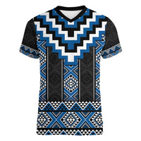 Blue Taniko Aotearoa Women V-Neck T-Shirt Niho Taniwha Mix Poutama LT14