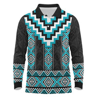 Turquoise Taniko Pattern Aotearoa Long Sleeve Polo Shirt Niho Taniwha Mix Poutama LT14