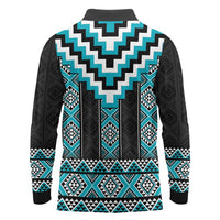 Turquoise Taniko Pattern Aotearoa Long Sleeve Polo Shirt Niho Taniwha Mix Poutama LT14