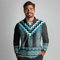 Turquoise Taniko Pattern Aotearoa Long Sleeve Polo Shirt Niho Taniwha Mix Poutama LT14