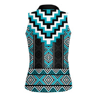 Turquoise Taniko Pattern Aotearoa Women Sleeveless Polo Shirt Niho Taniwha Mix Poutama LT14