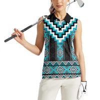 Turquoise Taniko Pattern Aotearoa Women Sleeveless Polo Shirt Niho Taniwha Mix Poutama LT14