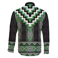 Green Taniko Pattern Aotearoa Family Matching Off The Shoulder Long Sleeve Dress and Hawaiian Shirt Niho Taniwha Mix Poutama LT14 - Polynesian Pride
