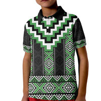Green Taniko Pattern Aotearoa Kid Polo Shirt Niho Taniwha Mix Poutama LT14