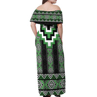 Green Taniko Pattern Aotearoa Off Shoulder Maxi Dress Niho Taniwha Mix Poutama LT14 - Polynesian Pride
