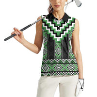 Green Taniko Pattern Aotearoa Women Sleeveless Polo Shirt Niho Taniwha Mix Poutama LT14