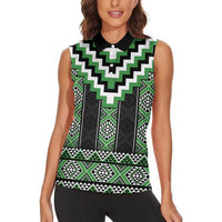 Green Taniko Pattern Aotearoa Women Sleeveless Polo Shirt Niho Taniwha Mix Poutama LT14