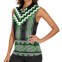 Green Taniko Pattern Aotearoa Women Sleeveless Polo Shirt Niho Taniwha Mix Poutama LT14