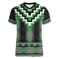 Green Taniko Pattern Aotearoa Women V-Neck T-Shirt Niho Taniwha Mix Poutama LT14