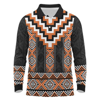 Orange Taniko Pattern Aotearoa Long Sleeve Polo Shirt Niho Taniwha Mix Poutama LT14
