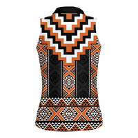 Orange Taniko Pattern Aotearoa Women Sleeveless Polo Shirt Niho Taniwha Mix Poutama LT14