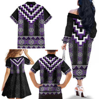 Purple Taniko Pattern Aotearoa Family Matching Off The Shoulder Long Sleeve Dress and Hawaiian Shirt Niho Taniwha Mix Poutama LT14 - Polynesian Pride