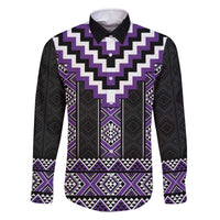 Purple Taniko Pattern Aotearoa Family Matching Off The Shoulder Long Sleeve Dress and Hawaiian Shirt Niho Taniwha Mix Poutama LT14 Dad's Shirt - Long Sleeve Purple - Polynesian Pride