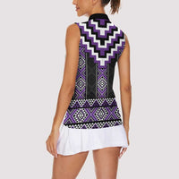 Purple Taniko Pattern Aotearoa Women Sleeveless Polo Shirt Niho Taniwha Mix Poutama LT14
