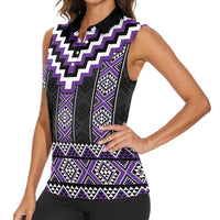 Purple Taniko Pattern Aotearoa Women Sleeveless Polo Shirt Niho Taniwha Mix Poutama LT14