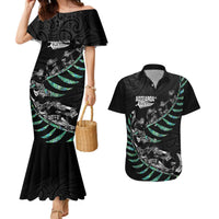 Custom New Zealand Silver Fern Rugby Couples Matching Mermaid Dress and Hawaiian Shirt Aotearoa Kiwi Maori Pattern LT14 Black - Polynesian Pride