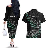 Custom New Zealand Silver Fern Rugby Couples Matching Off The Shoulder Long Sleeve Dress and Hawaiian Shirt Aotearoa Kiwi Maori Pattern LT14 - Polynesian Pride