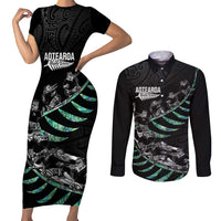 Custom New Zealand Silver Fern Rugby Couples Matching Short Sleeve Bodycon Dress and Long Sleeve Button Shirt Aotearoa Kiwi Maori Pattern LT14 Black - Polynesian Pride