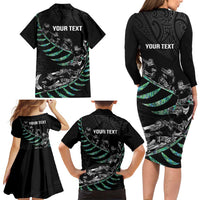 Custom New Zealand Silver Fern Rugby Family Matching Long Sleeve Bodycon Dress and Hawaiian Shirt Aotearoa Kiwi Maori Pattern LT14 - Polynesian Pride