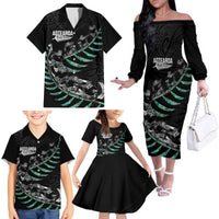 Custom New Zealand Silver Fern Rugby Family Matching Off The Shoulder Long Sleeve Dress and Hawaiian Shirt Aotearoa Kiwi Maori Pattern LT14 - Polynesian Pride