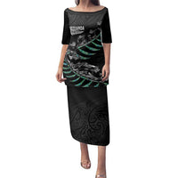 Custom New Zealand Silver Fern Rugby Family Matching Puletasi and Hawaiian Shirt Aotearoa Kiwi Maori Pattern LT14 Mom's Dress Black - Polynesian Pride