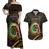 Personalised Vanuatu Couples Matching Off Shoulder Maxi Dress and Hawaiian Shirt Yumi 46th Hapi Independens Dei - Black Version LT14 Black - Polynesian Pride