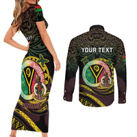 Personalised Vanuatu Couples Matching Short Sleeve Bodycon Dress and Long Sleeve Button Shirt Yumi 46th Hapi Independens Dei - Black Version LT14 - Polynesian Pride