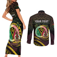 Personalised Vanuatu Couples Matching Short Sleeve Bodycon Dress and Long Sleeve Button Shirt Yumi 45th Hapi Independens Dei - Black Version LT14